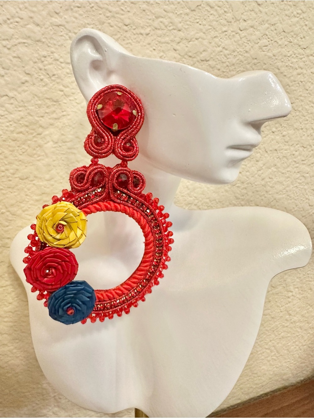 Handmade Red Soutache Floral Statement Earrings with Multicolor Accents